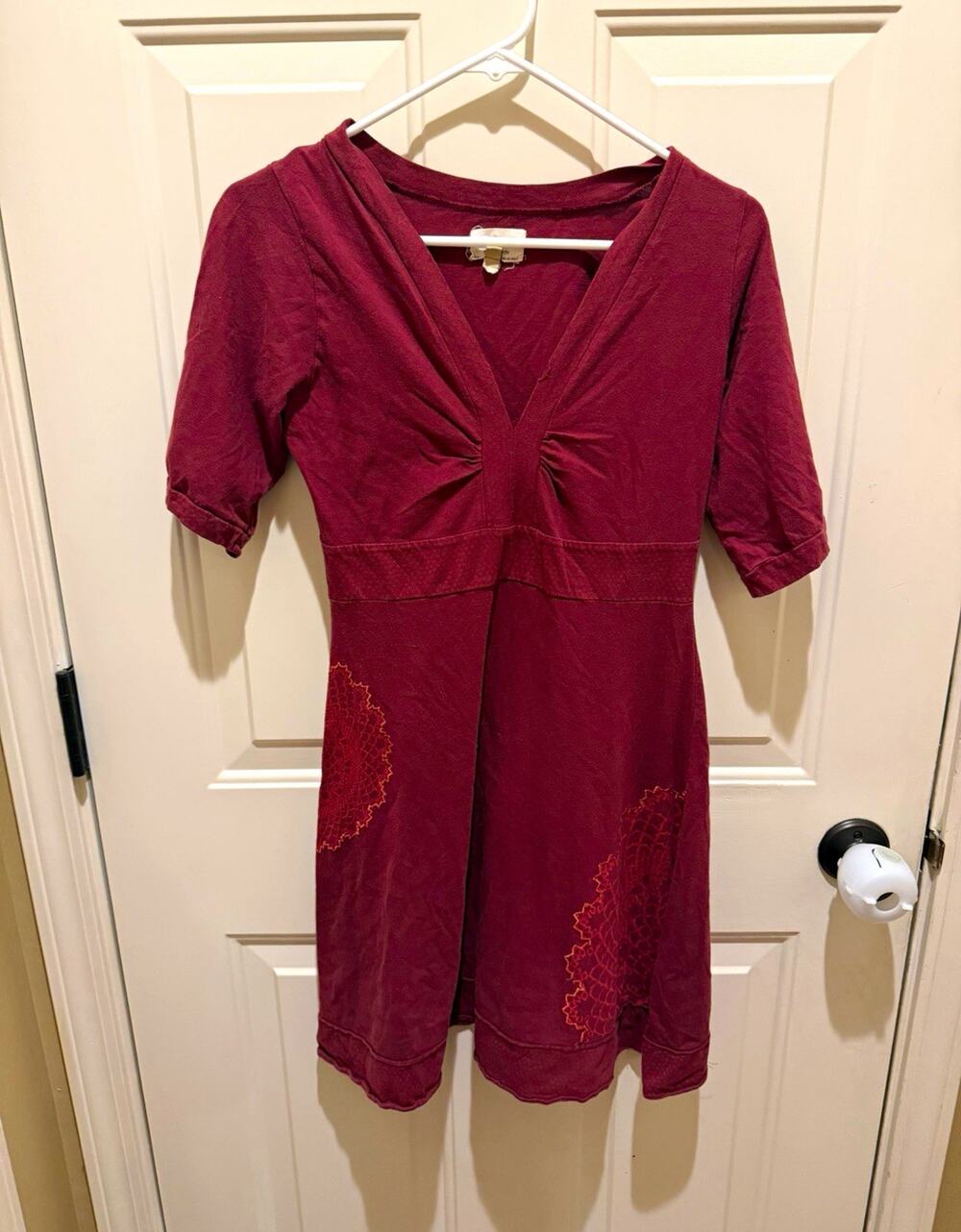 Ark Imports Women’s Burgundy Solid Boho Knee-Length V-Neck Lace Dress S
